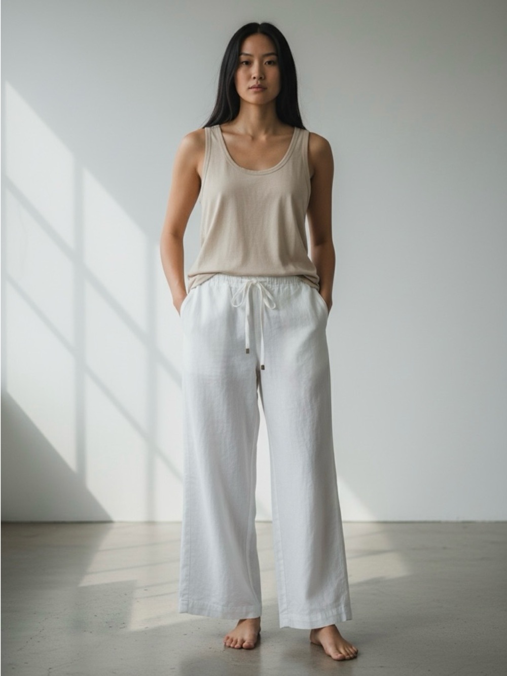 Calvin Klein Size 14 White Linen Blend Wide Leg Drawstring Pants NWT